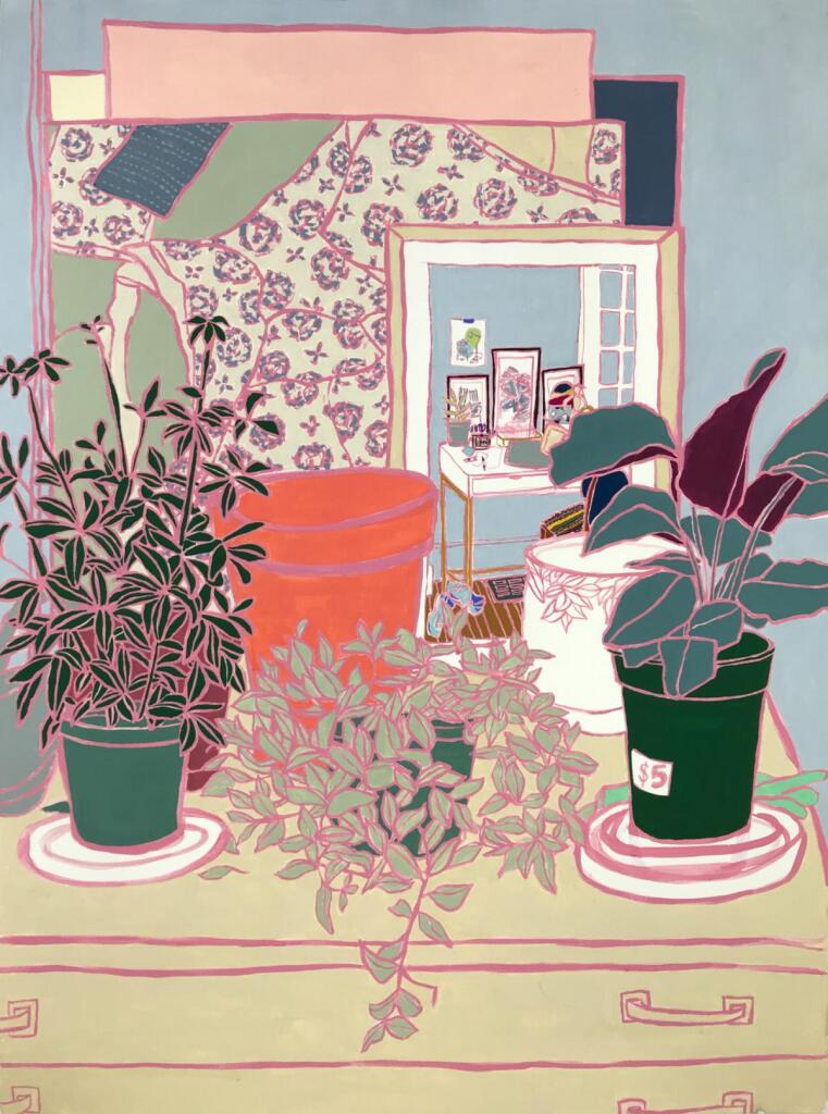 Painting of plants on a bureau