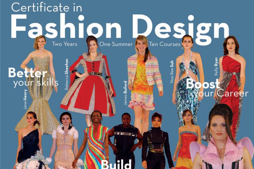 A poster for the Massachusetts College of Arts Certificate in Fashion Design showcases models in vibrant outfits. The text highlights career benefits like skill enhancement and portfolio building. MassArt Fashion Design program contact info is provided at the bottom.