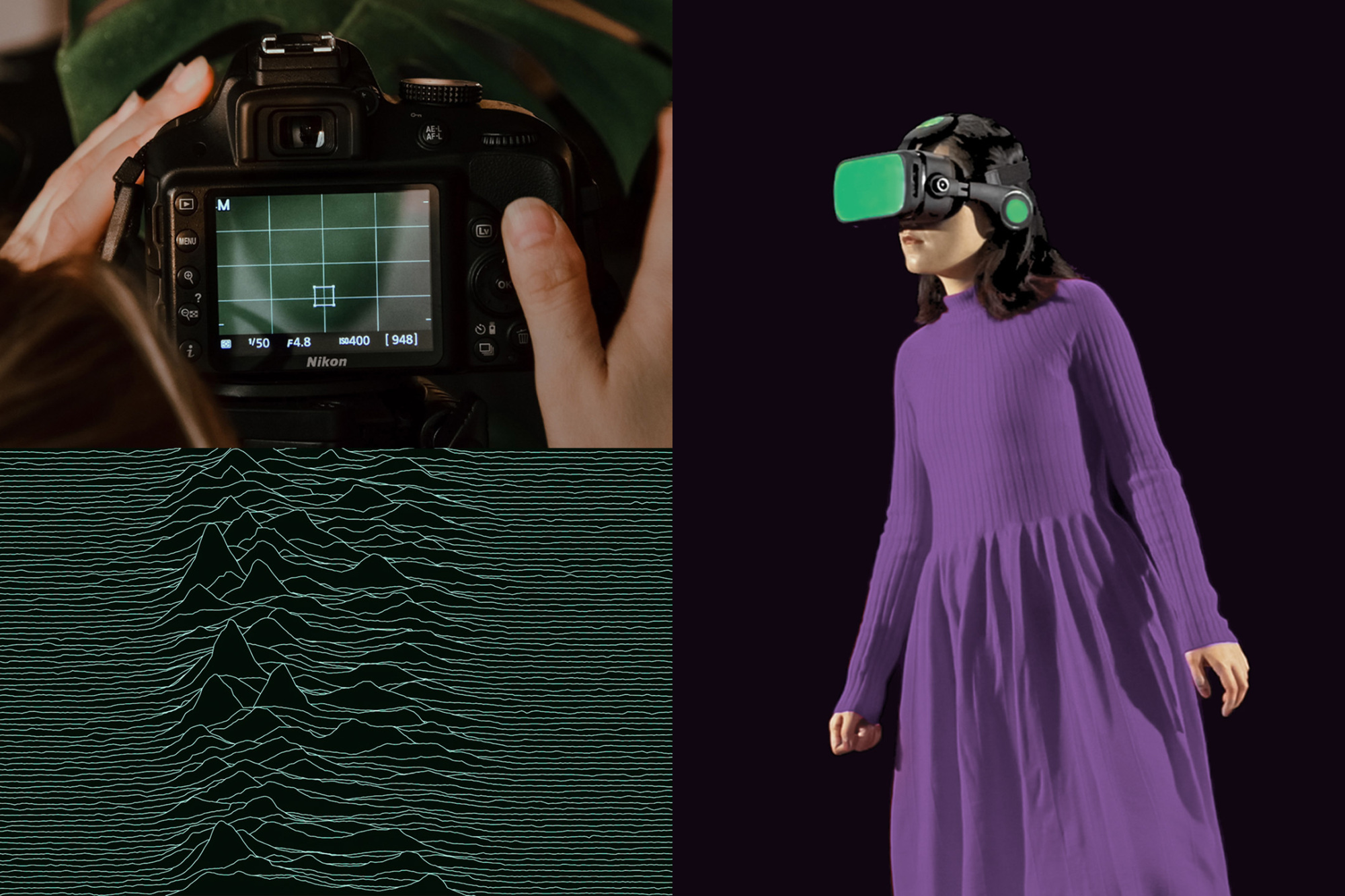 Photo of someone wearing VR goggles in a purple dress juxtaposed with a photo of hands holding a digital SLR camera.