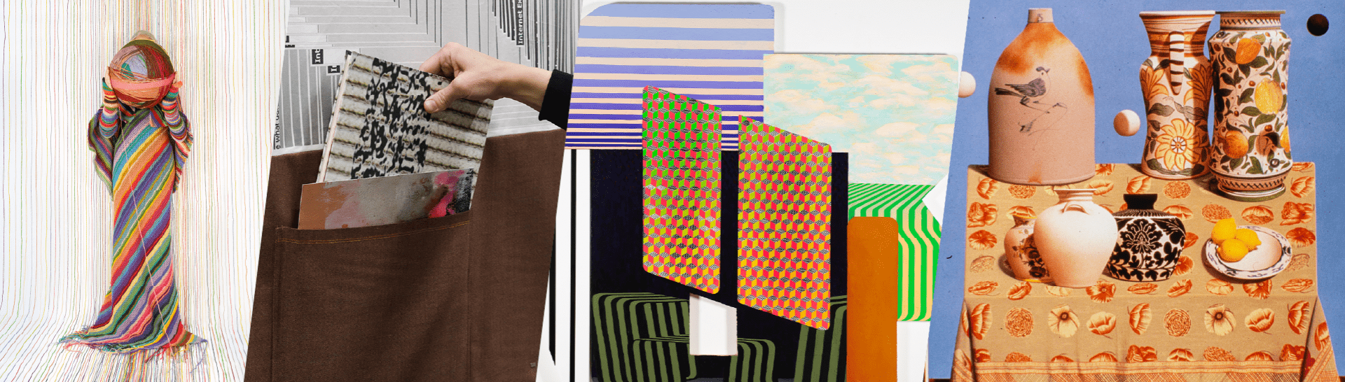 A colorful collage of abstract art pieces. Stripes, geometric patterns, and a hand holding textured patterns stand out. To the right, a table with patterned pottery and fruit. Various colors and textures create a vibrant and eclectic display.