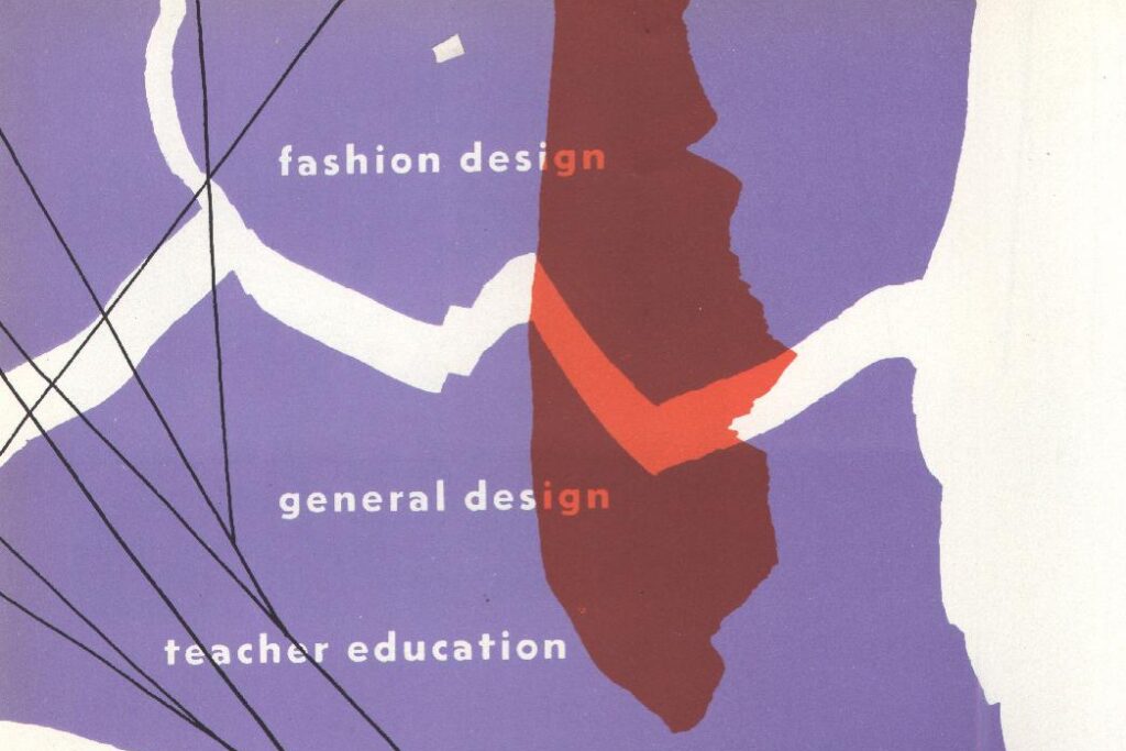 Abstract art cover design featuring purple, red, and white shapes with intersecting black lines. Text overlays read MassArt Fashion Design, general design, teacher education, and drawing and painting.