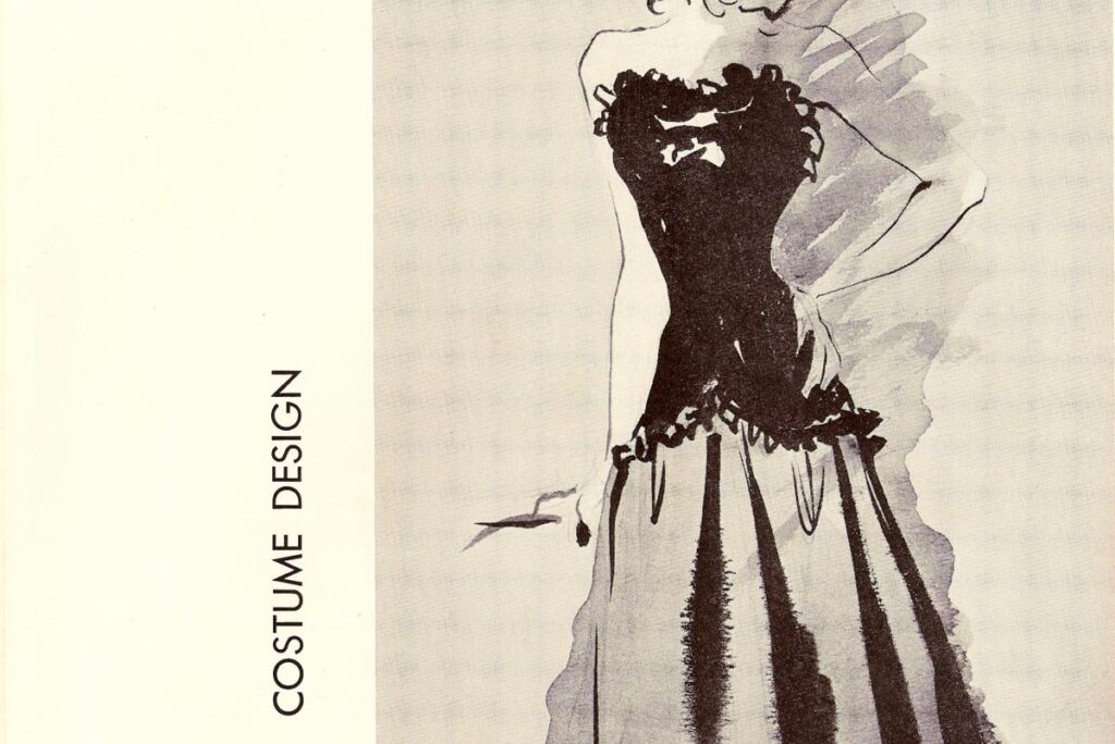 Illustration of a woman in a formal gown with a fitted bodice and full skirt, accented with lace—a true testament to MassArt Fashion Design. To the side, theres a smaller sketch of a woman in a shorter dress. Text reads Costume Design.
