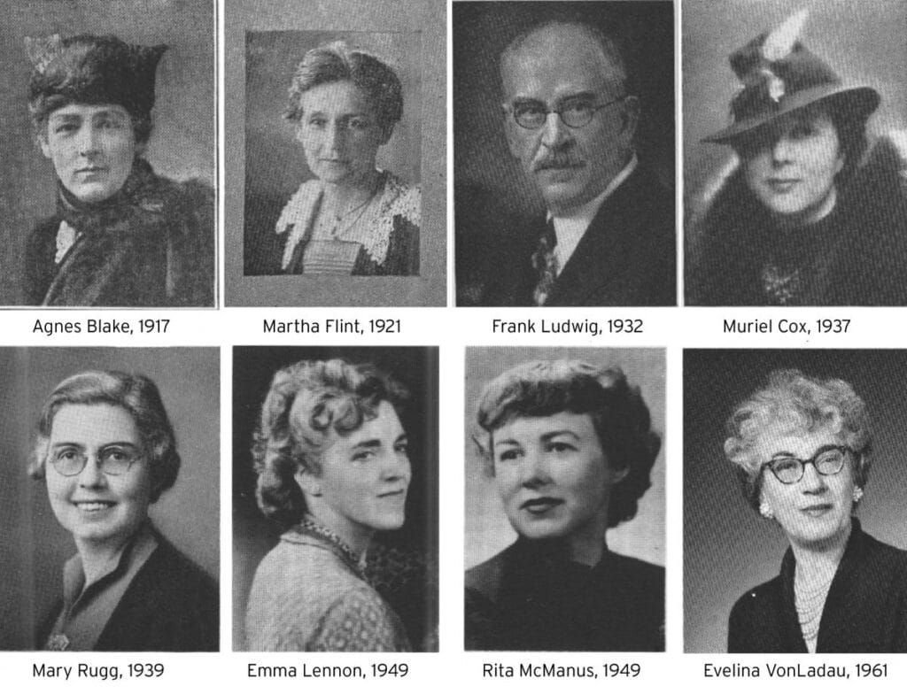 A collage of eight black and white portraits labeled with names and years: Agnes Blake, 1917; Martha Flint, 1921; Frank Ludwig, 1932; Muriel Cox, 1937; Mary Rugg, 1939. Capturing the essence of MassArt fashion design are Emma Lennon and Rita McManus from 1949 and Evelina VonLadau in.