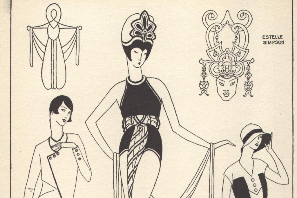 Illustrated costume designs featuring four stylized outfits from the MassArt Fashion Design collection. Central figure in an ornate, flowing dress adorned with intricate patterns. Others in chic, tailored suits and dresses. Decorative headdresses and fashion details add elegance and flair. Text: Costume Designs.