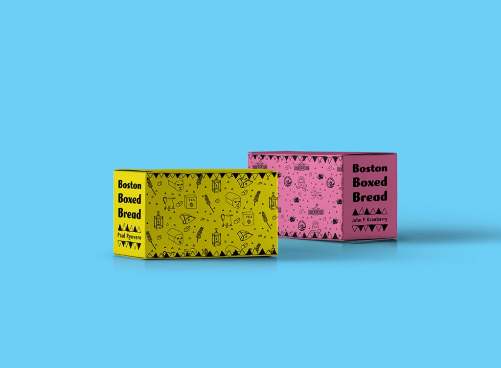 Two boxes of ‘Boston Boxed Bread’ against a blue background. One box is yellow, and the other is pink.