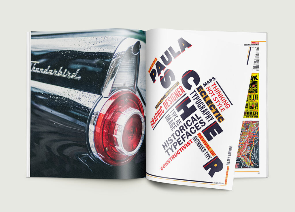 An open magazine showcases a vintage Thunderbird cars rear light on the left. The right page captivates with a Paul Scher-inspired magazine layout, featuring dynamic typography and words like Paula and Designer in bold, energetic fonts.