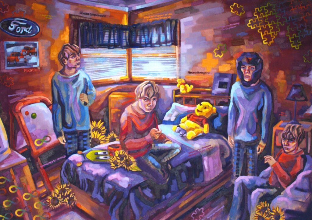 A surreal painting of a brothers room with four identical figures in various stances. The vibrant space is adorned with sunflowers, puzzle pieces, and a stuffed bear on the bed. Eclectic decorations grace the walls, while windows draped in blue curtains complete the whimsical scene.
