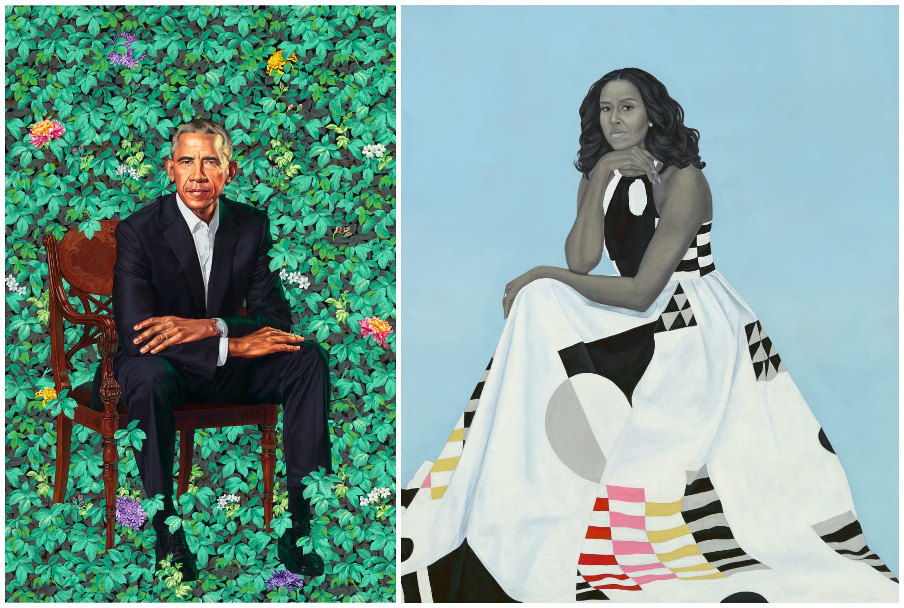 A split portrait: On the left, a man in a suit sits amidst lush green foliage. On the right, a woman in a black and white patterned dress rests her chin on her hand against a light blue background. This intriguing piece would surely heat up any art exhibit it graces.