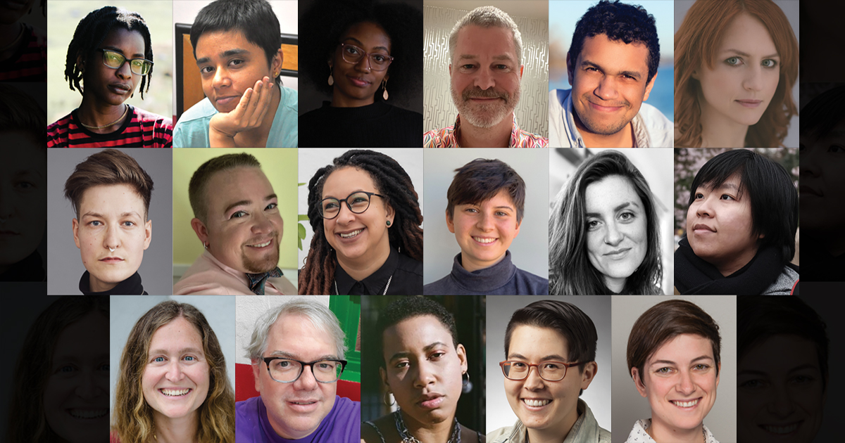 A collage of trailblazing individuals from 2022, featuring diverse ages, genders, and ethnic backgrounds arranged in a 4x5 grid. Each contributor smiles or maintains a neutral expression against varied backgrounds.