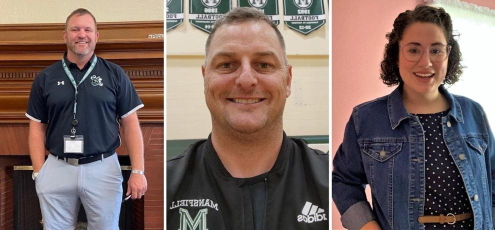 Three individuals are pictured in separate sections, representing recent staff hires at Mansfield schools. Left: Person wearing a black shirt and khaki pants, standing by a wooden structure. Center: High school principal in a black jacket, smiling. Right: Person in glasses, denim jacket, and polka dot top, smiling indoors.