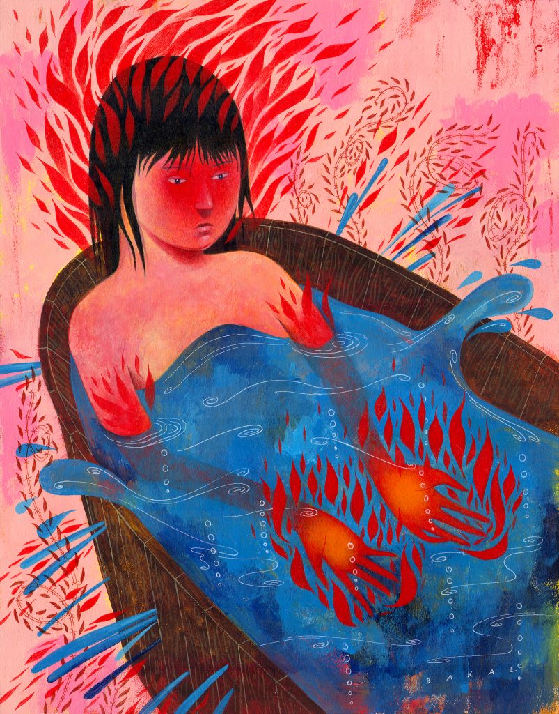 Abstract painting of a person in a tub with red and blue flames around them on a pink background.