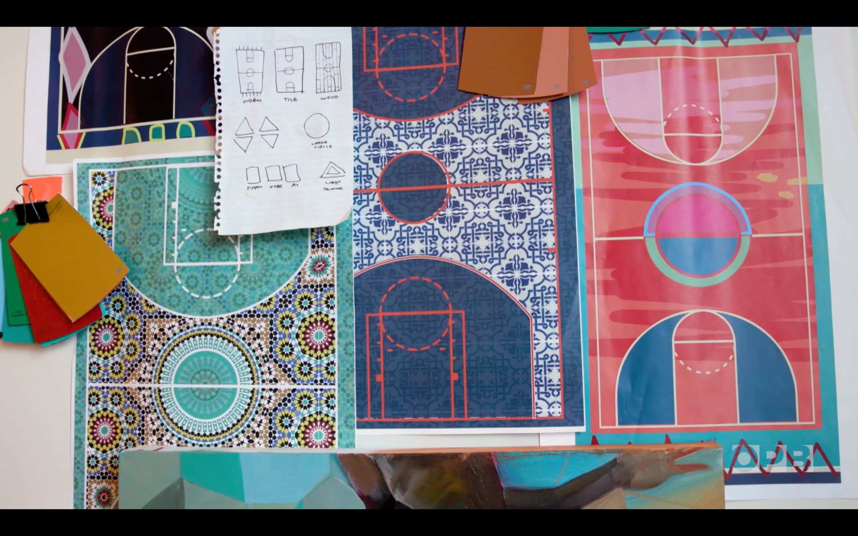 A vibrant art collage showcases colorful basketball court designs in geometric and ornate styles. Swatches and a sketch with geometric shapes are pinned alongside, capturing Portlands creative spirit and healing essence through its unique patterns.