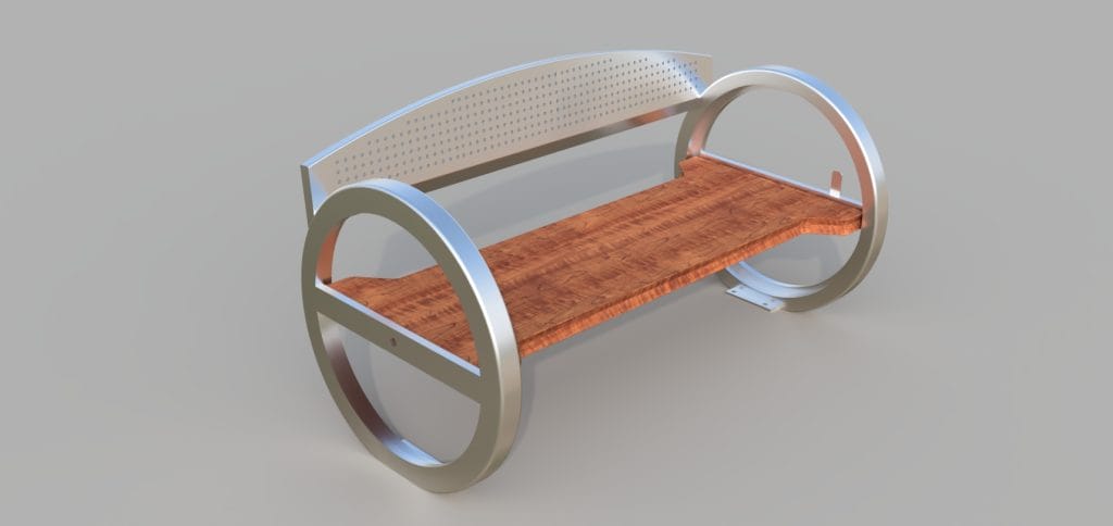 A modern rotating bench with a wooden seat and metallic frame featuring large circular side supports. The backrest is a perforated metal sheet, and the design is sleek, blending industrial and natural elements seamlessly.