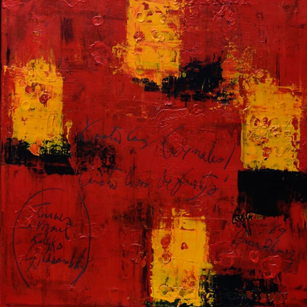 Abstract painting by Carlos García de la Nuez featuring bold red and yellow blocks with black textured accents. Dark scribbled text appears across the center and bottom left. The vibrant tinturas and energetic brushwork create a dynamic and expressive composition.