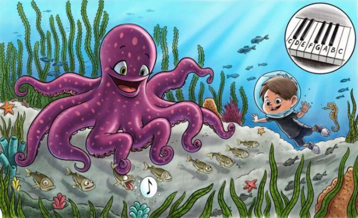 A smiling octopus plays a piano underwater, surrounded by fish and sea plants, in this whimsical image from A Childs Guide to Underwater Wonders. A cheerful child in a diving helmet watches, while an inset shows piano keys labeled with musical notes.