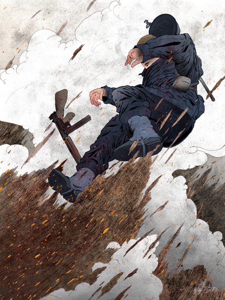 A soldier in uniform is caught in mid-air, seemingly propelled by an explosion. He clutches his helmet with one hand, while the other arm is extended. Debris and smoke surround him in a dramatic scene.