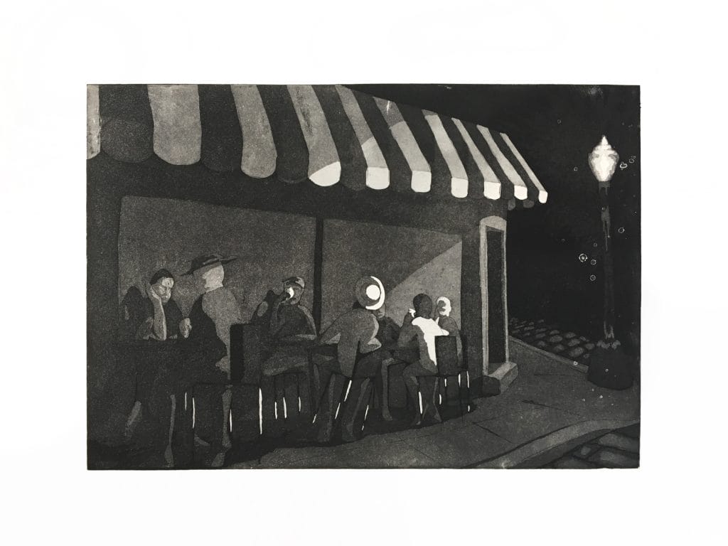 A black and white illustration of people sitting at a diner counter under a striped awning. A streetlamp illuminates the corner outside on a dark night. The scene suggests a quiet, nostalgic nighttime atmosphere.