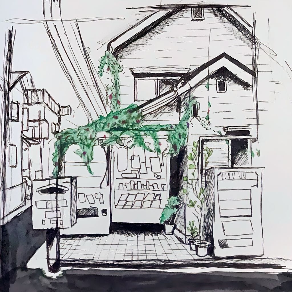A black and white sketch of a small urban building with lush green plants climbing its facade. The structure has a sloped roof, windows, and a vending machine out front. Power lines stretch across the scene.