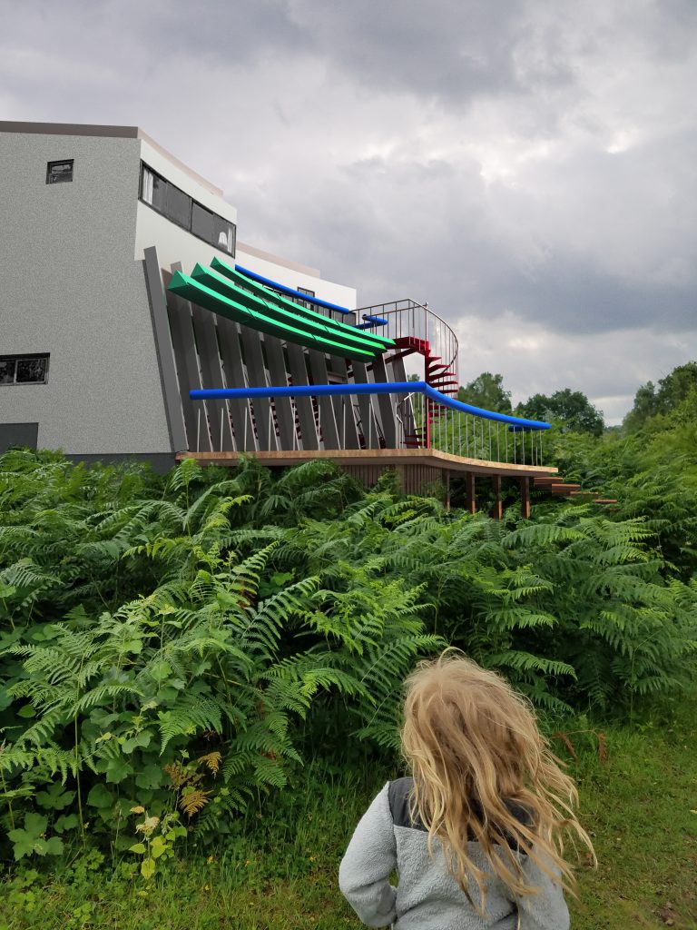 A child with long hair stands in front of a modern building in Forges-Les-Eaux, featuring a multi-colored slide and stairs. Green ferns and plants adorn the foreground, while the overcast sky looms above, adding a touch of dramatic flair to this charming scene.