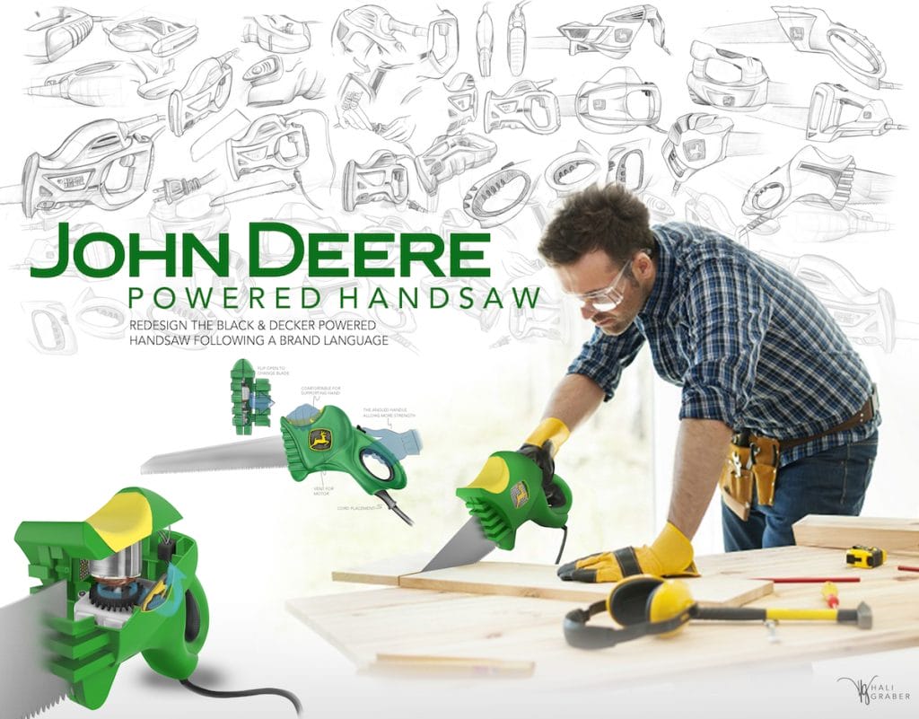 Man using a John Deere powered handsaw on a wooden board. In the background, various saw sketches accompany large text reading John Deere Powered Handsaw. The forefront showcases the innovative redesign of the saws design and details in vivid close-up images.