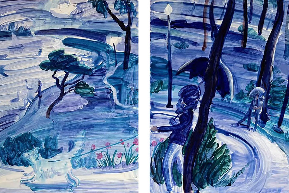 In an online exhibition by Taymour Grahne Projects, a two-panel painting in blue and purple hues depicts a whimsical outdoor scene. On the left, a pathway with trees and flowers. On the right, people with umbrellas under streetlamps, surrounded by swirling patterns suggesting a rainy evening.