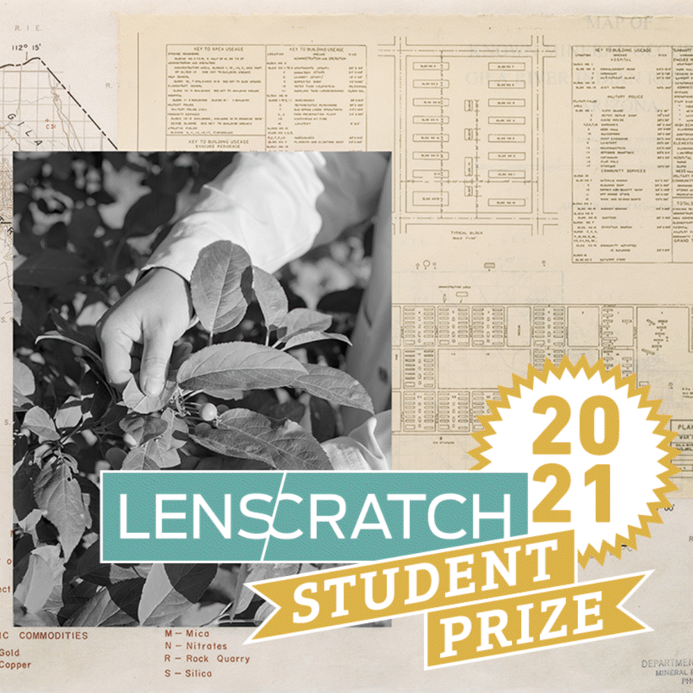 In a black and white photo, a hand gently touches leaves overlaid on a vintage map and table, accompanied by a badge reading 2021 Lenscratch Student Prize, celebrating the remarkable achievements of the 2021 Lenscratch winners.