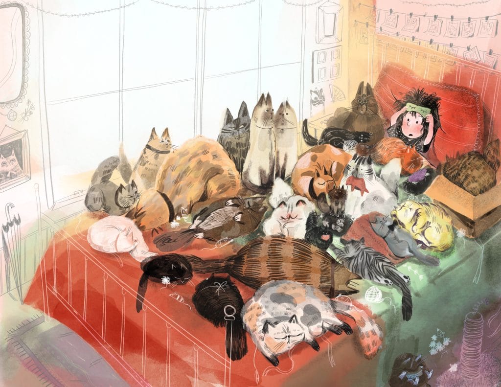 A cozy room filled with numerous pets of different colors and patterns lounging on a bed. The room has soft lighting, a shelf with decorations, and a window revealing a glimpse of the outside. Theres also a person among the cats.