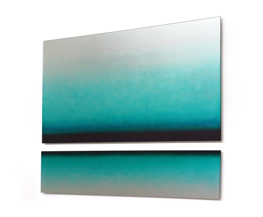 Two rectangular abstract art pieces with soft transitions from cool white to deep greenish-black. The larger piece is above, and the smaller, segmented piece below, both featuring a gradient effect.