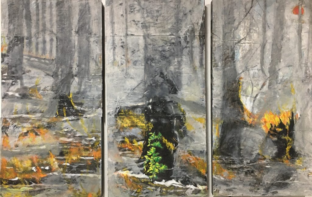 Triptych painting of a forest with gray trees and patches of orange and yellow on the ground.