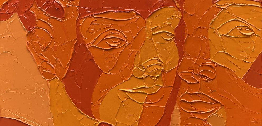 Masha Keryans abstract painting features overlapping, textured faces in vibrant shades of orange, red, and brown. The stylized works showcase prominent lines and shapes, creating a layered effect that brings the bold interplay of colour to life across the canvas.