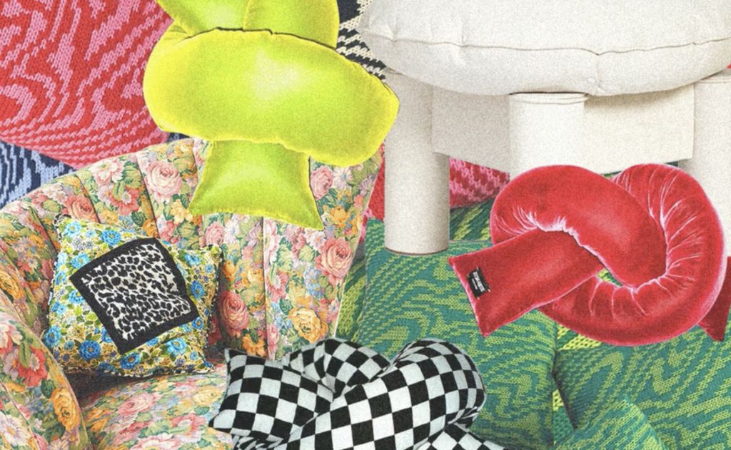 A collage of vibrant, patterned accessories features a floral armchair and various pillows with checkerboard, houndstooth, and colorful knot designs. These trendy pieces are layered over bold zigzag and solid backgrounds in red, green, and yellow—truly the next It accessory.