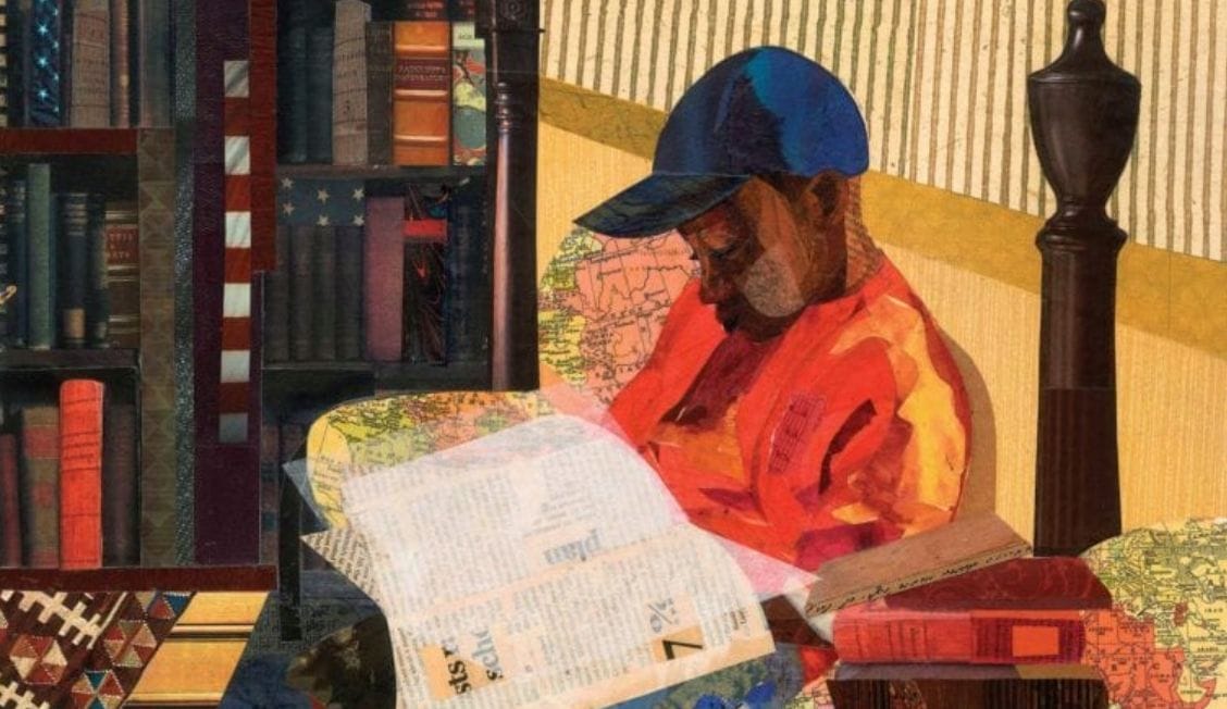 Collage-style artwork reminiscent of Ekua Holmes, featuring a boy in a blue cap and red shirt engrossed in reading a newspaper. He sits on a patterned chair beside an artfully vivid bookshelf, set against a backdrop of maps and geometric patterns, capturing the eye like an exhibit at the MFA.