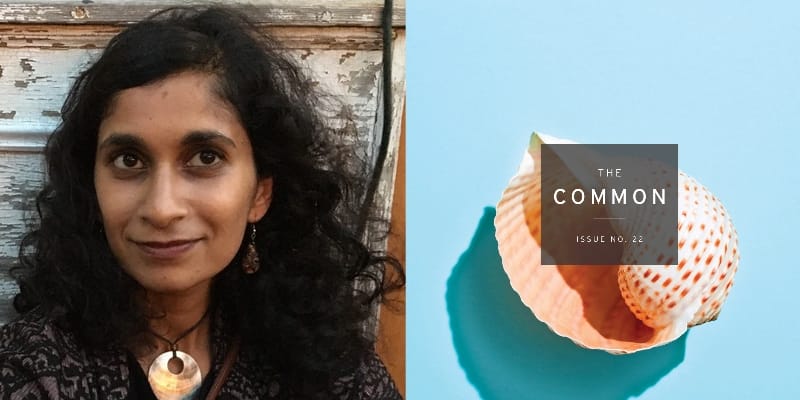 A person with curly hair, wearing a necklace with a round pendant, stands against a weathered wooden background, evoking the nostalgia of home. Beside them lies an image of two seashells on a light blue surface. Text on the image reads, The Common, Issue No. 22.