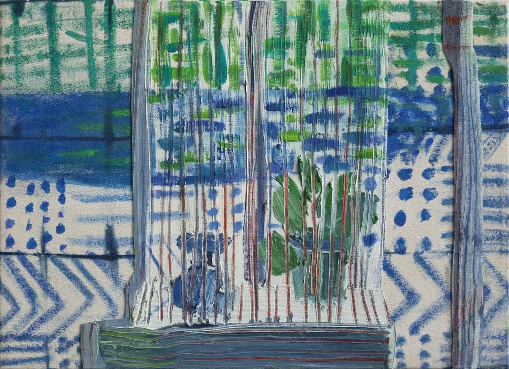 Abstract painting features a window view with vertical lines resembling bars, hinting at a window sill. Behind them are hints of green and blue shapes resembling plants and outdoor scenery. The background is filled with patterns and textured brushstrokes in blues and greens.