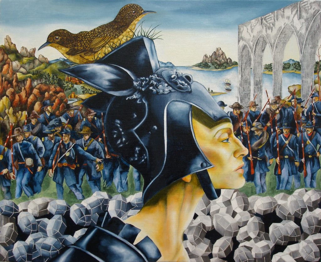 A surreal painting featuring a woman in armor with a bird on her helmet. She stands before a marching group of soldiers. In the background, rocky landscapes and ruins by a calm water body are visible, with gray geometric shapes in the foreground.