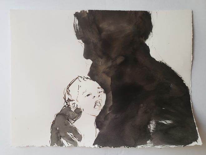 A painting featuring a dark silhouette of an adult holding a child. The child, in light brush strokes, looks outward. The contrast between the dark figure and the childs lighter outline at ReachArts evokes a sense of unfinished rebirth, creating a striking visual effect.