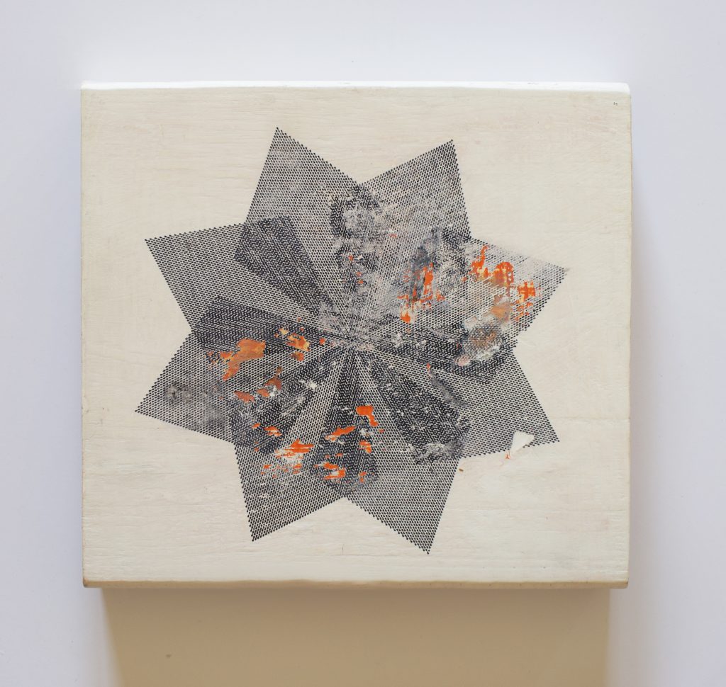 Untitled abstract artwork, 12x12 inches, featuring a geometric star-like shape with black dotted lines on a white background. Created in 2015, the central area bursts with splashes of orange and gray, offering a textured effect that complements its minimalistic and modern design.