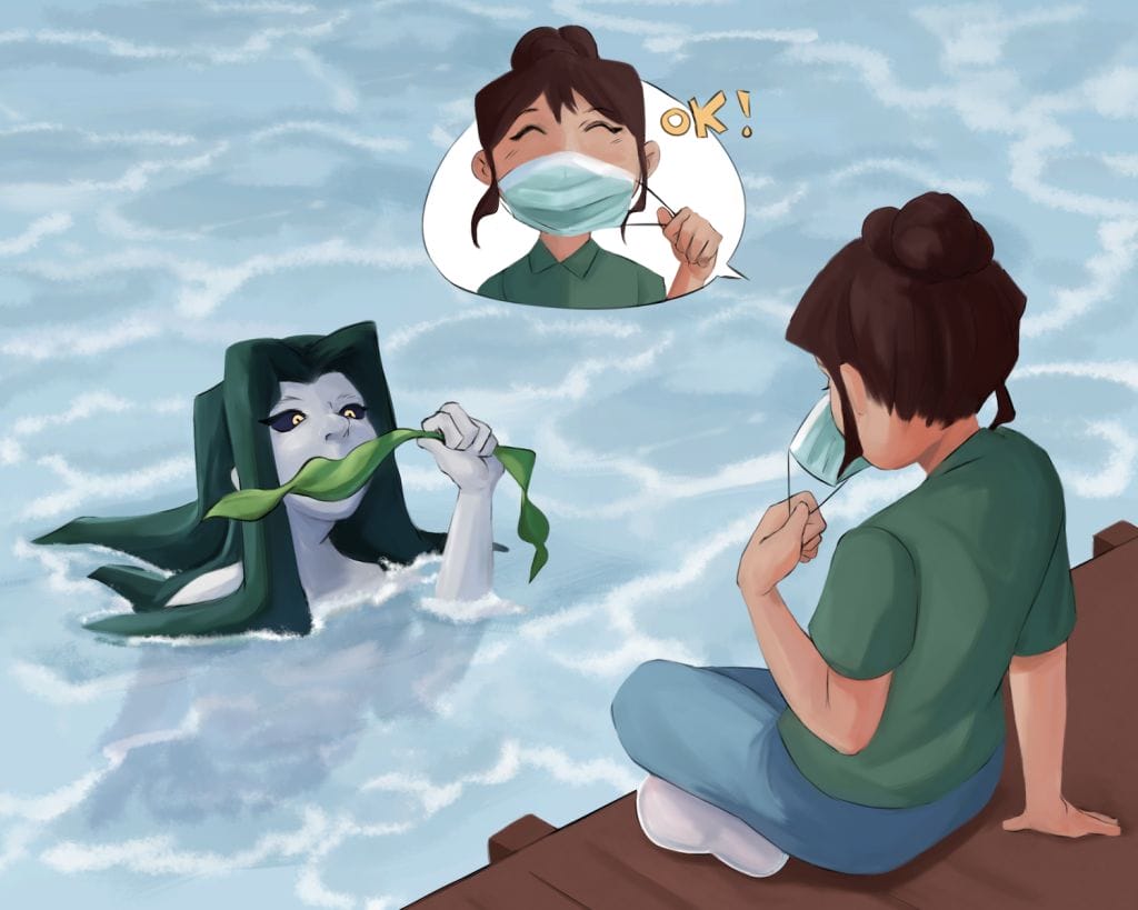 A girl sits on a dock, holding a mask, while looking at a creature in the water holding seaweed to its face like a mask. A thought bubble shows the girl wearing a mask and saying OK! as if understanding the creature’s gesture.
