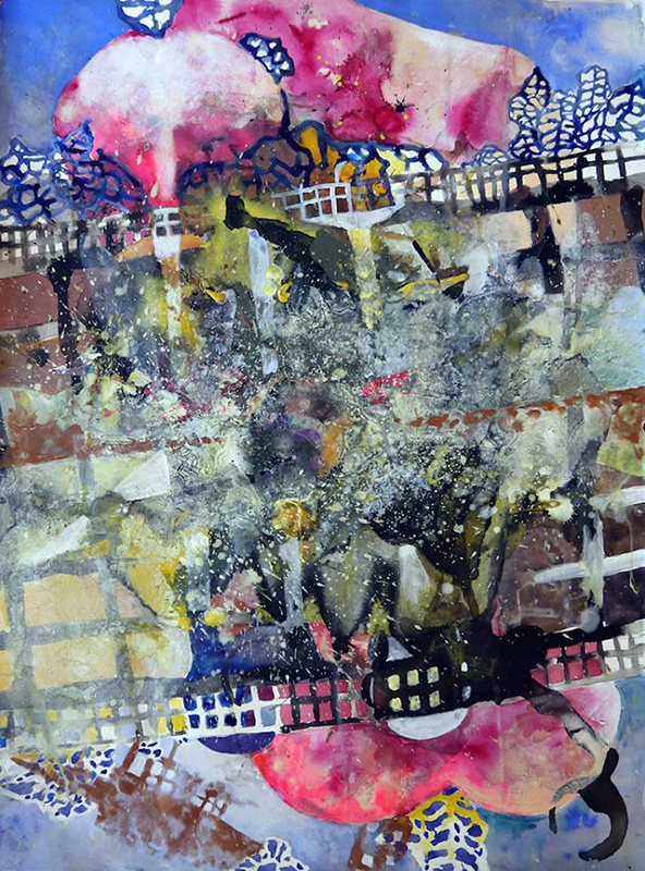 Abstract painting with vibrant splashes of pink, yellow, and blue interspersed with grid patterns. Textured layers and organic shapes overlay the composition like a dillusional bridge, creating a dynamic, chaotic arrangement with elements resembling leaves and clouds.