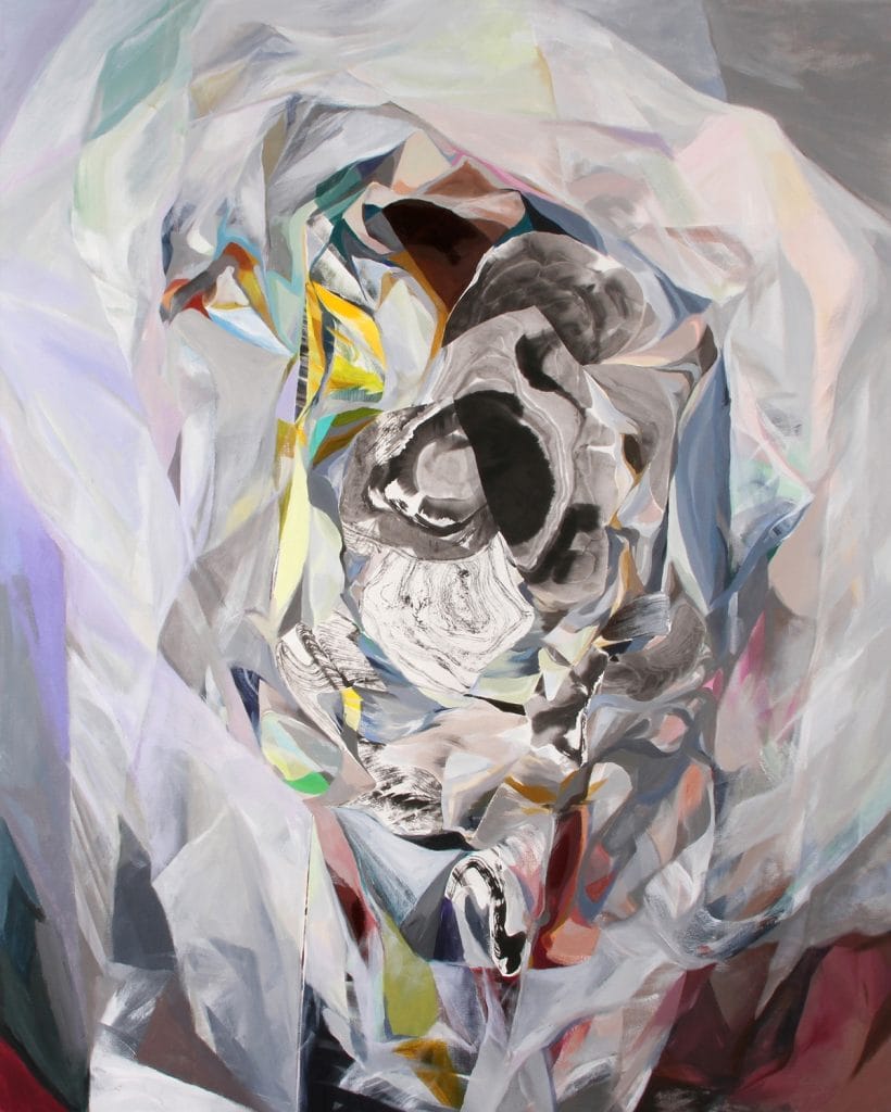 Abstract painting with swirling shapes and vibrant colors including shades of gray, white, yellow, blue, and red. The composition features layered, flowing forms that create a sense of depth and movement.