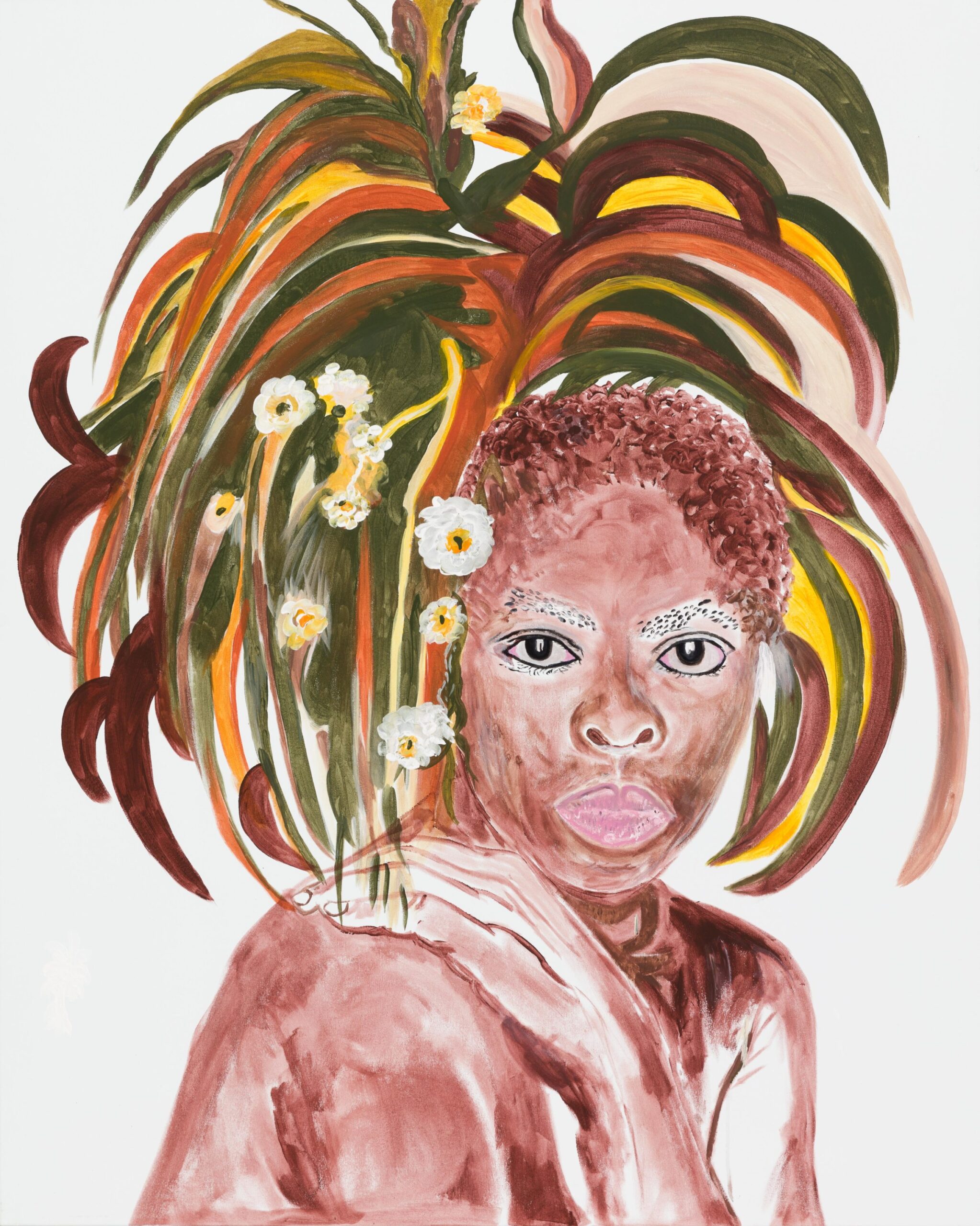 A portrait of a person with colorful plant-like hair, featuring green, yellow, and brown leaves with white flowers, evokes the serene creativity of a weekend papermaking class. The person has a neutral expression and pink lips, with one hand resting on their shoulder against a white background.