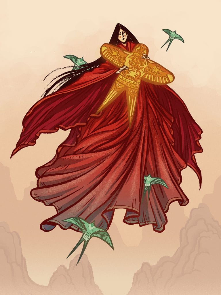 Illustration of a figure in a flowing red cloak with an intricate golden design on the chest, suspended in the air among small green birds, set against a muted, cloudy background.