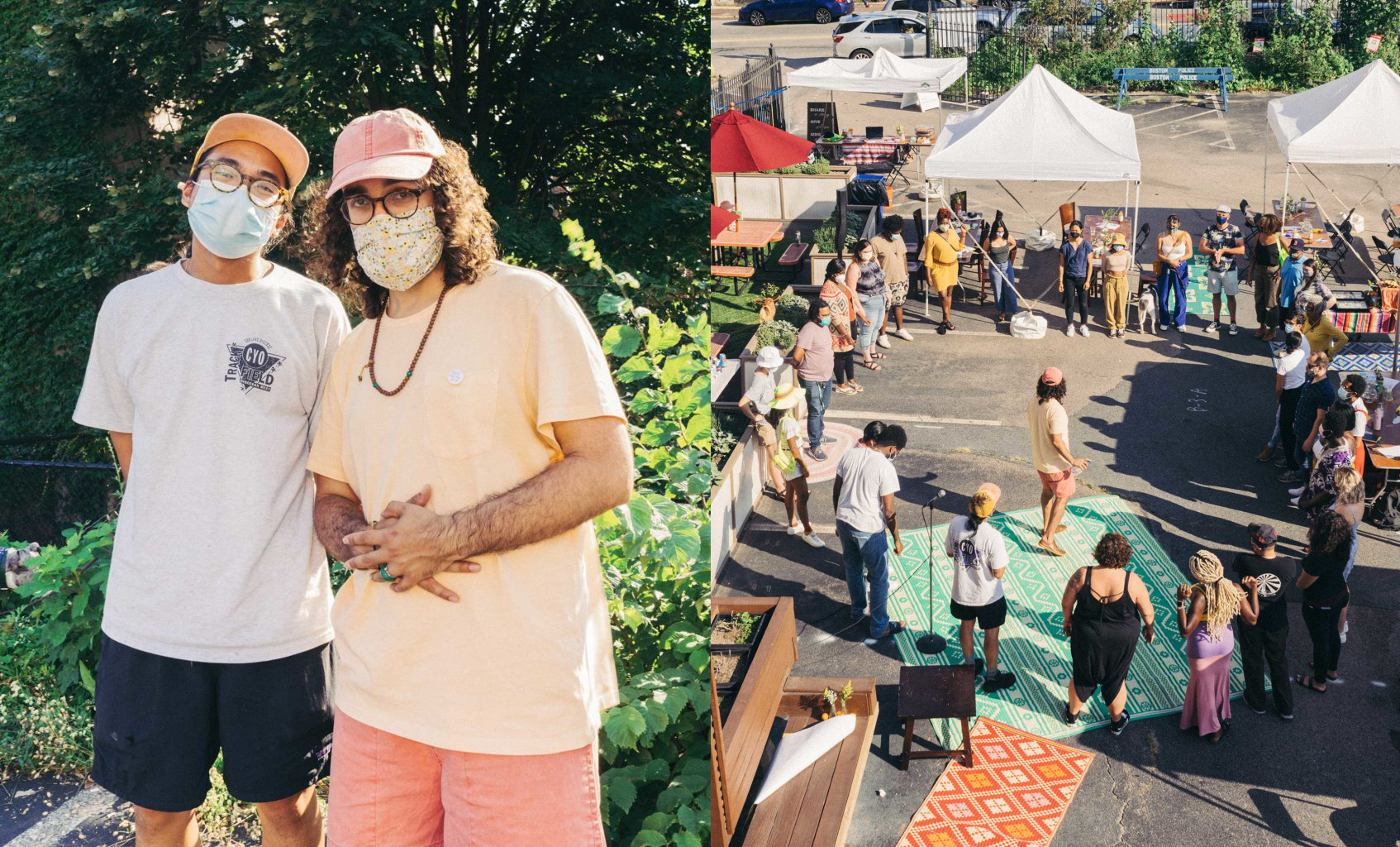 Left image: Two individuals in casual clothes and masks stand outdoors, embodying Radical Imagination amid lush green foliage. Right image: Aerial view of an outdoor market bustling with creative works showcased under tents, where vibrant rugs dot the ground and people mingle joyfully.