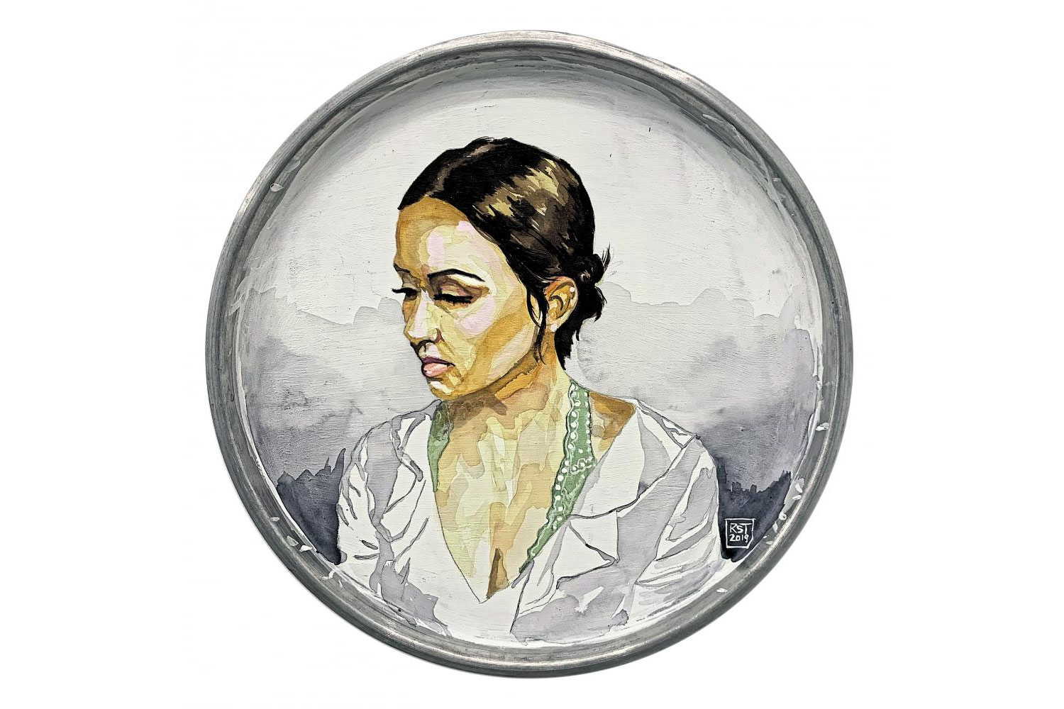 A circular painting of a woman with dark hair tied back, donned in a white blouse with a green, lace-like collar. Set against soft, gray clouds, this fine art piece bears the artists initials, RZT, in the lower right corner. Perfect for any exhibit exploring delicate connections.