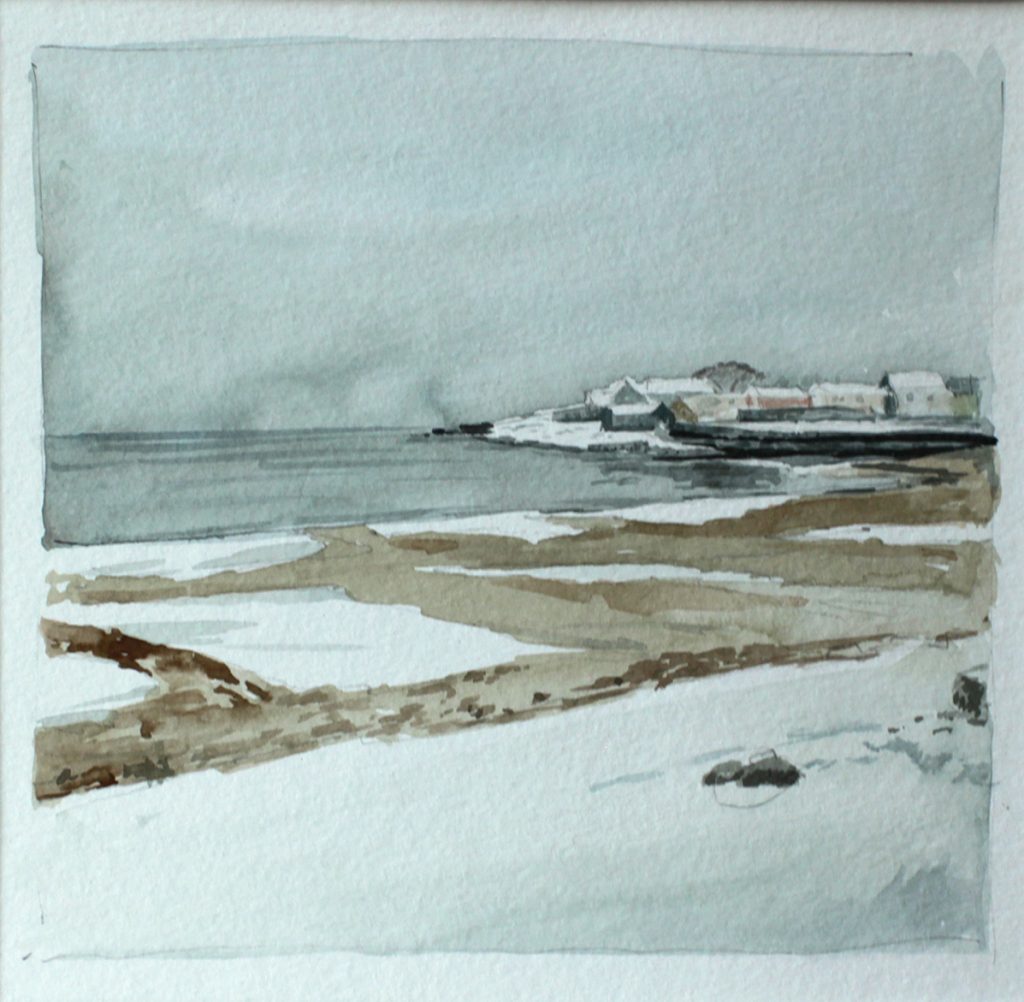 A watercolor painting depicting a serene coastal landscape of Rockport. The scene includes a calm sea, sandy shores, and a distant coastline with scattered buildings near the harbor under a gentle, overcast sky.