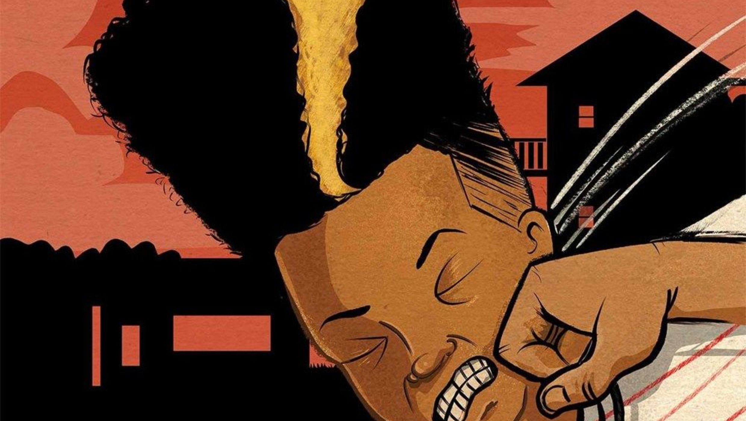A stylized illustration of a person with a tall, distinct hairstyle featuring a yellow streak captures the essence of 2021 winners. Set against abstract elements resembling buildings and an orange sky, the persons expression is focused and determined—a tribute to creativity akin to the Cartoonist Studio Prize.