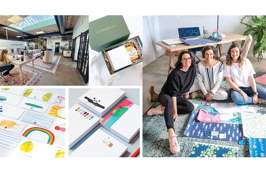 A collage of a whimsical world featuring a creative office space and three women on the floor with E. Frances Paper designs. The workspace boasts a rug and plants, with close-ups of colorful stationery including pandas, rainbows, leaves, and paints.