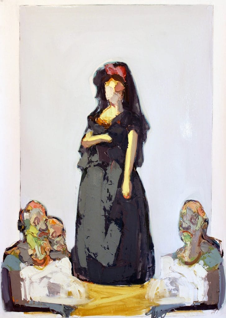 Abstract painting of a standing figure in a dark dress with two seated figures beside on a yellow table. The style is loose and impressionistic, with blurred features and rich, textured colors that make you believe in the power of art to evoke emotion.