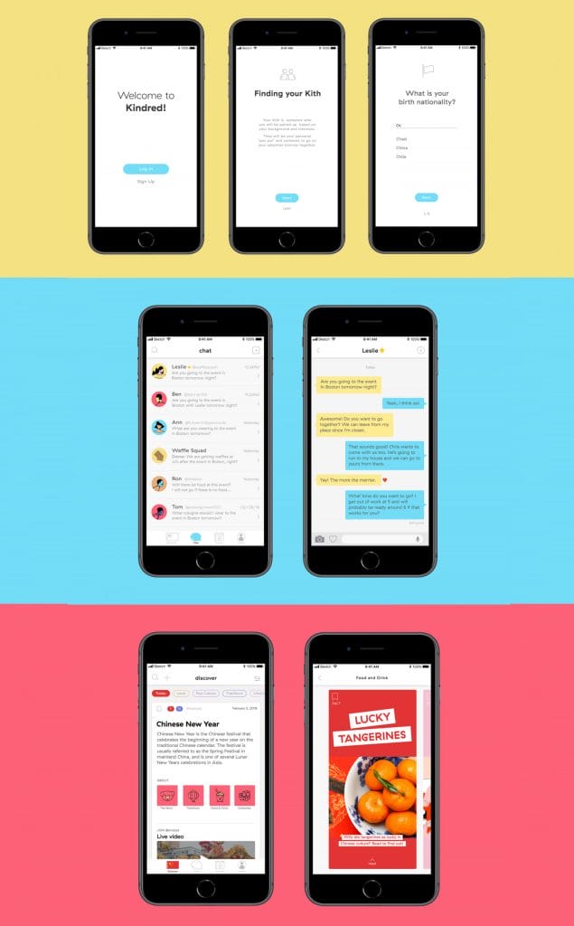 Image showcasing three rows of smartphone screens against vibrant backgrounds. Top row: Kindred apps onboarding screens. Middle row: chat interface. Bottom row: a recipe search alongside a food-related ad featuring tangerines.