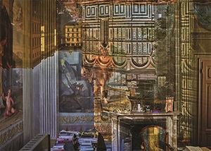 A complex, layered scene merges a library, paintings, and a fireplace. Books are piled on a desk, and ornate Italian architecture blends with classical art. The fusion creates a dreamlike atmosphere with rich textures and soft lighting, perfect for any photogs lens.